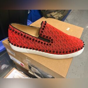 Christian Louboutin Red and Black Studded Loafers